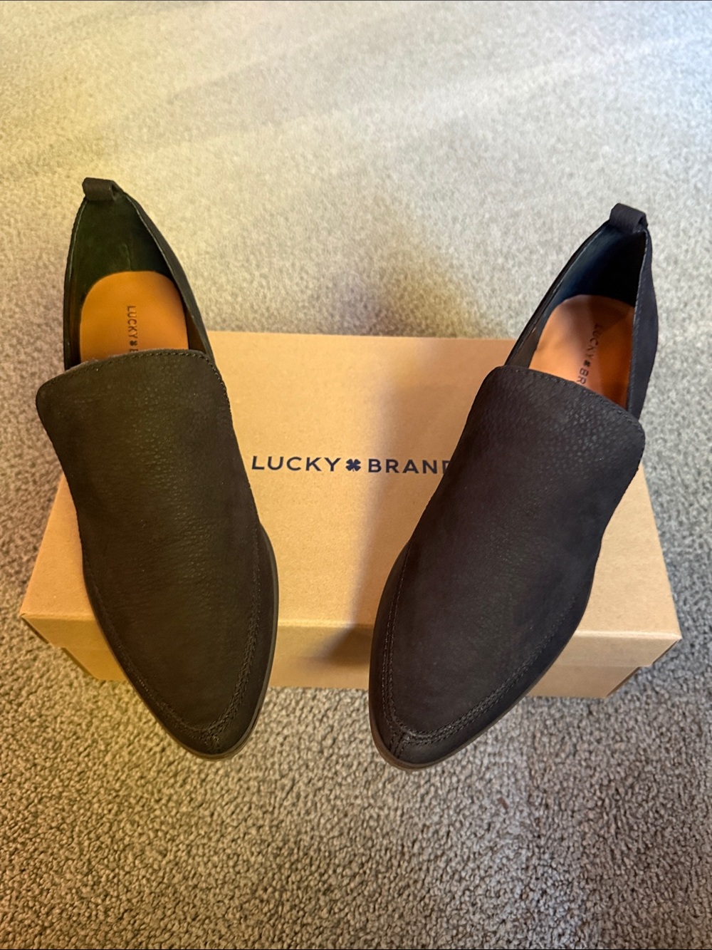 Lucky Brand LK-Mahzan Nubuck Leather Slide In Stacked 1.75” Heels. Black. Size 8